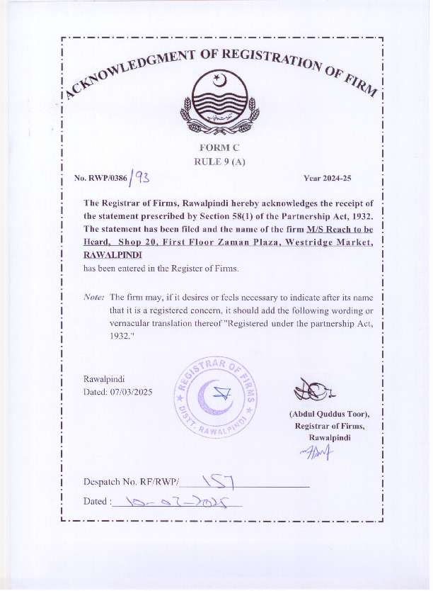 Reach to be Heard Registration Certificate